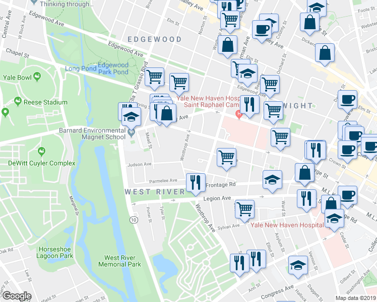 map of restaurants, bars, coffee shops, grocery stores, and more near 213 Winthrop Avenue in New Haven