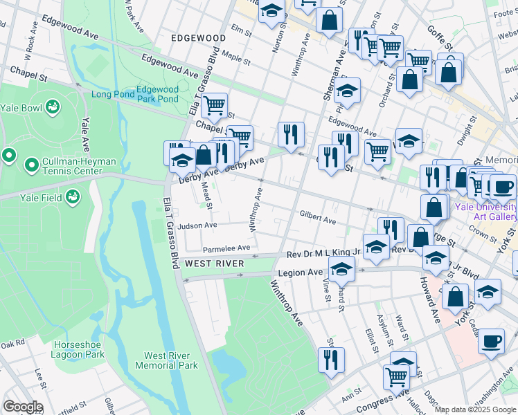 map of restaurants, bars, coffee shops, grocery stores, and more near 213 Winthrop Avenue in New Haven