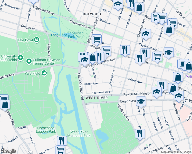 map of restaurants, bars, coffee shops, grocery stores, and more near 75 Judson Avenue in New Haven