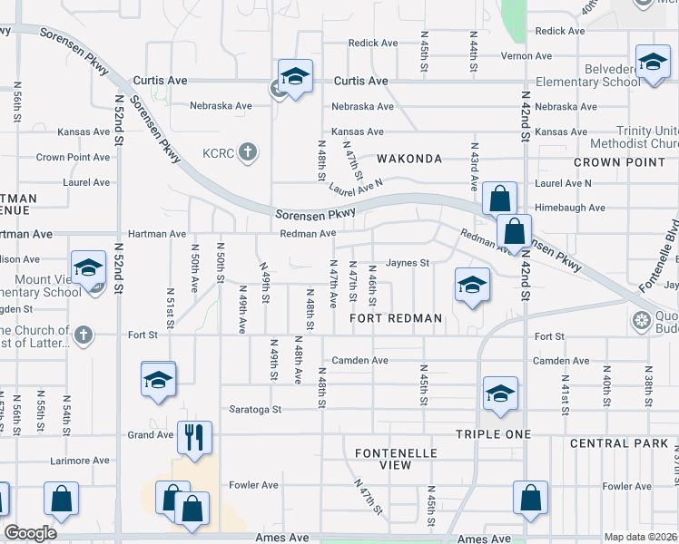 map of restaurants, bars, coffee shops, grocery stores, and more near 5340 North 47th Avenue in Omaha