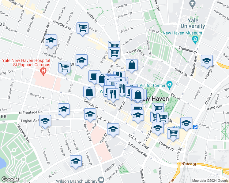 map of restaurants, bars, coffee shops, grocery stores, and more near 1177 Chapel Street in New Haven