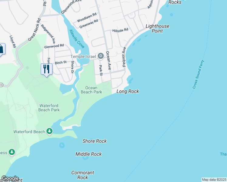 map of restaurants, bars, coffee shops, grocery stores, and more near 76 Mott Avenue in New London