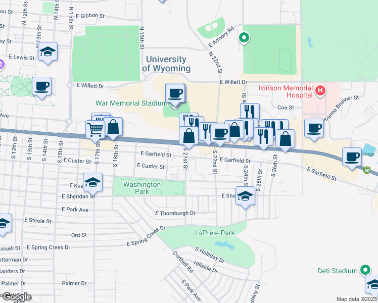 map of restaurants, bars, coffee shops, grocery stores, and more near 2198 East Garfield Street in Laramie