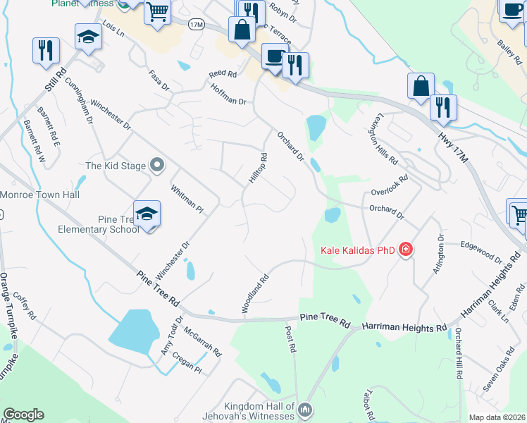 map of restaurants, bars, coffee shops, grocery stores, and more near 169 Hilltop Road in Monroe