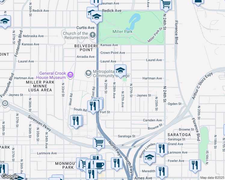 map of restaurants, bars, coffee shops, grocery stores, and more near 5502 North 28th Avenue in Omaha