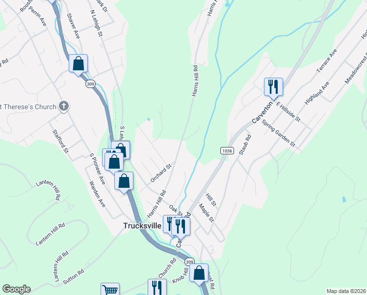 map of restaurants, bars, coffee shops, grocery stores, and more near 61 Harris Hill Road in Shavertown