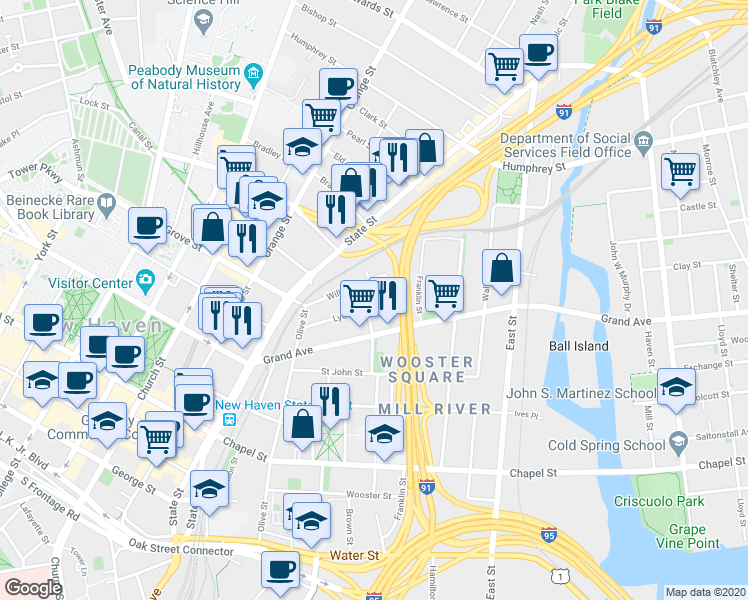 map of restaurants, bars, coffee shops, grocery stores, and more near 21 Lyon Street in New Haven