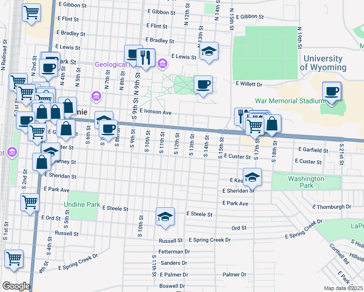 map of restaurants, bars, coffee shops, grocery stores, and more near 1201 East Custer Street in Laramie