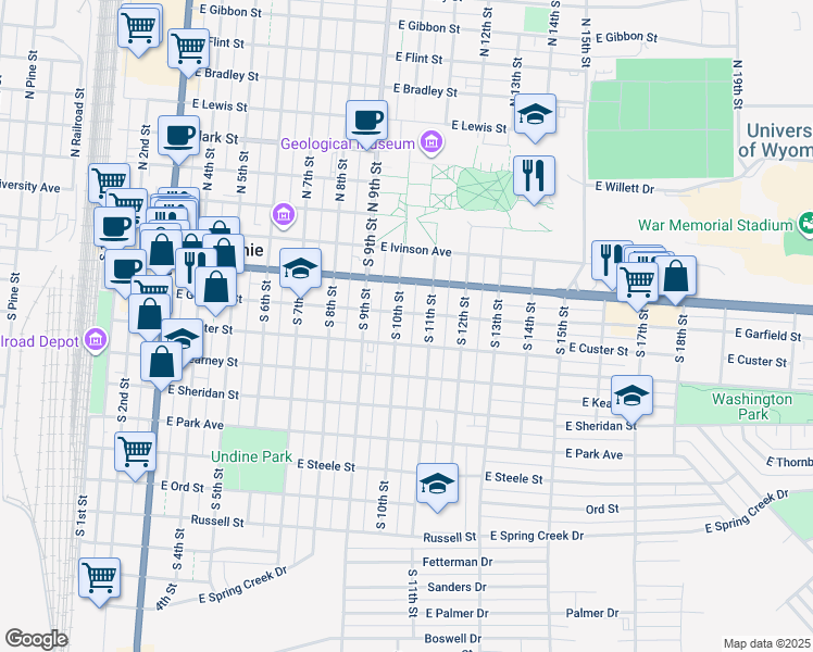 map of restaurants, bars, coffee shops, grocery stores, and more near 500 South 11th Street in Laramie