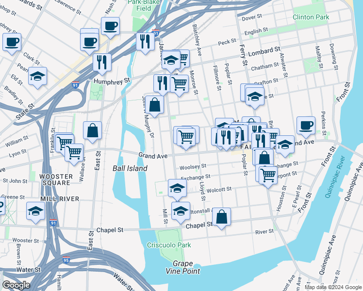 map of restaurants, bars, coffee shops, grocery stores, and more near 397 Grand Avenue in New Haven