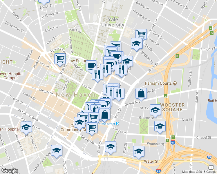 map of restaurants, bars, coffee shops, grocery stores, and more near 280 Orange Street in New Haven