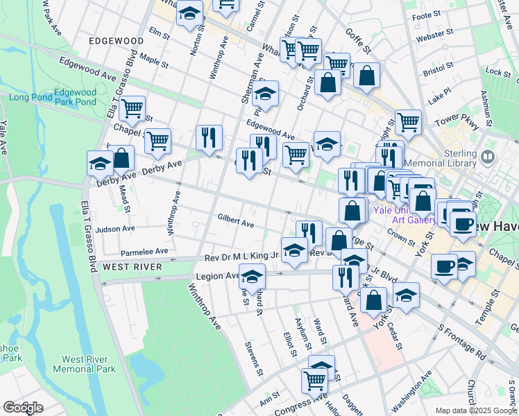 map of restaurants, bars, coffee shops, grocery stores, and more near 255 Orchard Street in New Haven