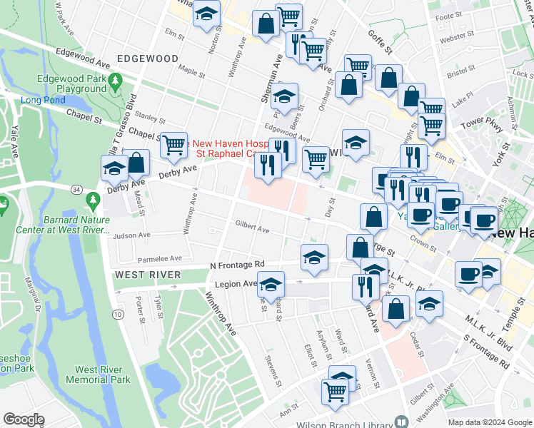 map of restaurants, bars, coffee shops, grocery stores, and more near 65 Gilbert Avenue in New Haven