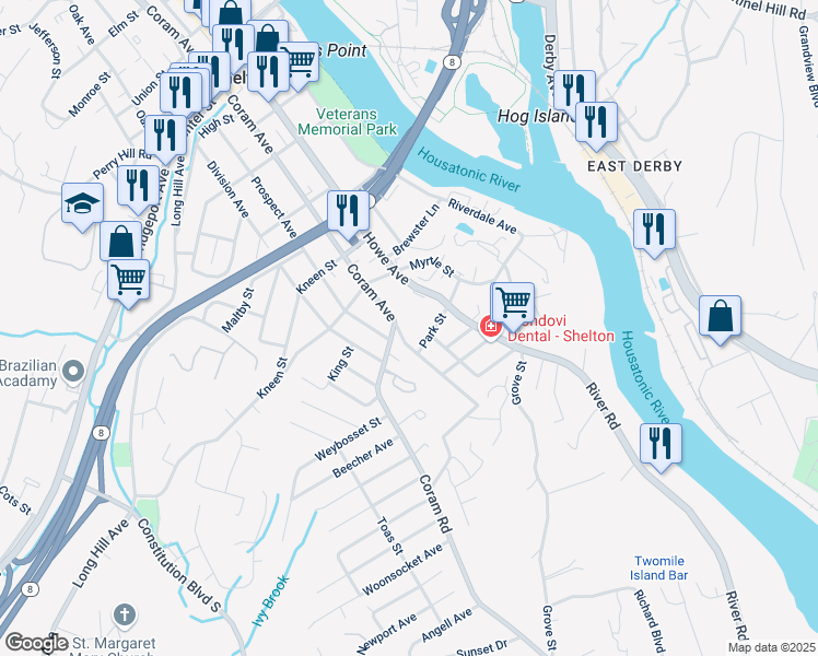 map of restaurants, bars, coffee shops, grocery stores, and more near 54 Highland Avenue in Shelton