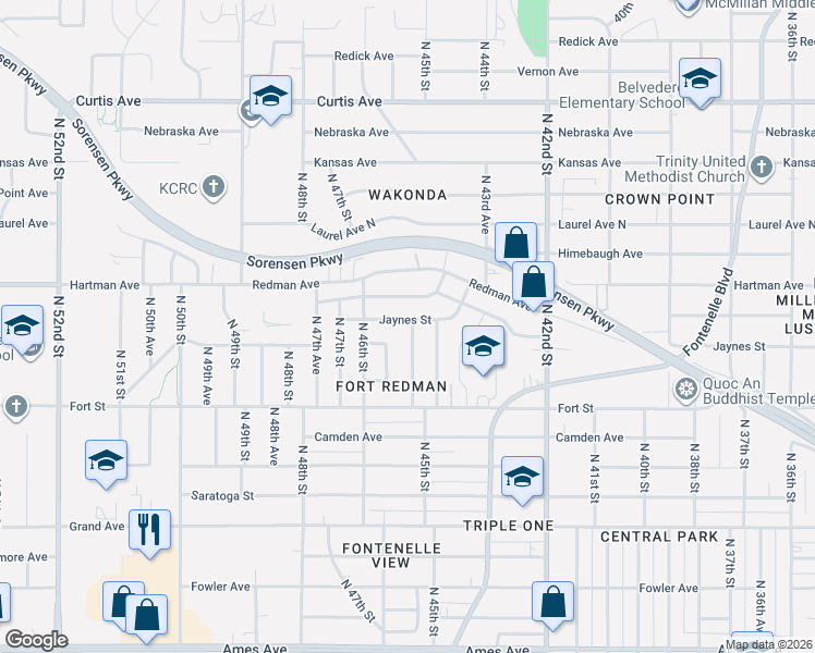 map of restaurants, bars, coffee shops, grocery stores, and more near 543 North 45th Avenue in Omaha
