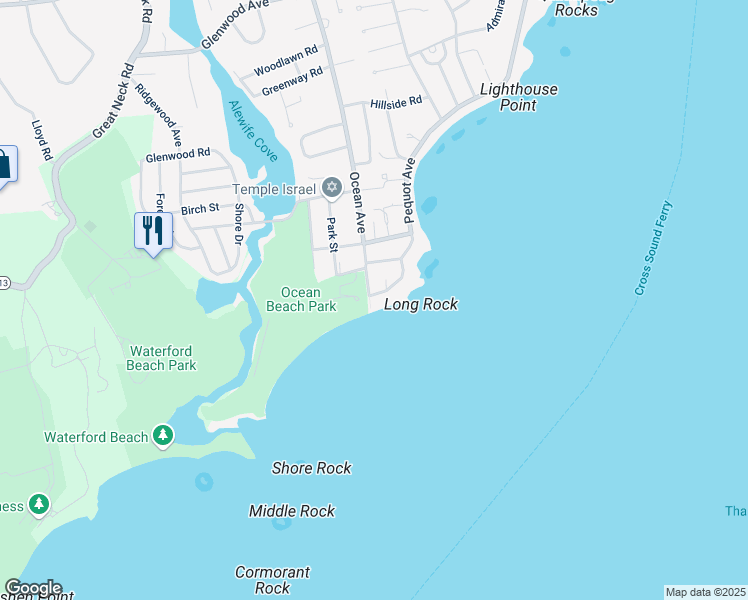 map of restaurants, bars, coffee shops, grocery stores, and more near 76 Mott Avenue in New London