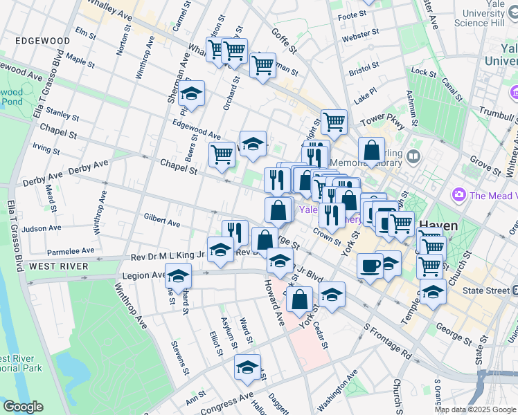 map of restaurants, bars, coffee shops, grocery stores, and more near 101 Dwight Street in New Haven