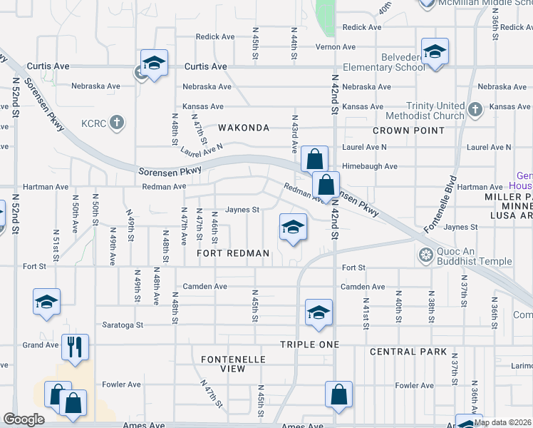map of restaurants, bars, coffee shops, grocery stores, and more near 5340 North 44th Avenue in Omaha