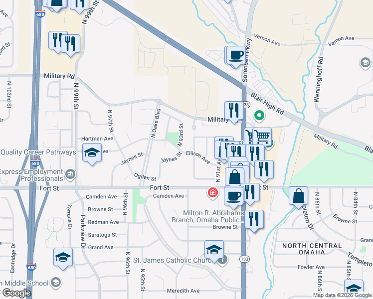 map of restaurants, bars, coffee shops, grocery stores, and more near 5514 North 92nd Avenue in Omaha