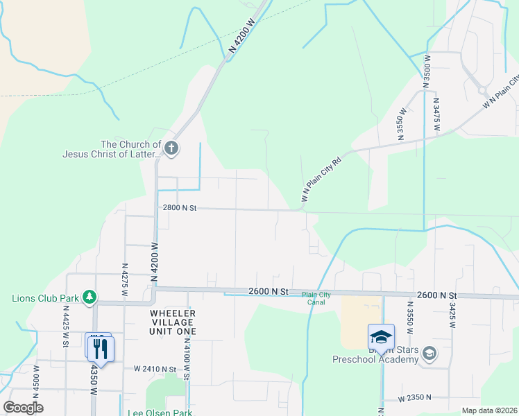 map of restaurants, bars, coffee shops, grocery stores, and more near 3940 2800 North Street in Plain City
