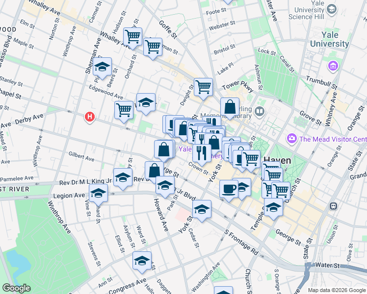 map of restaurants, bars, coffee shops, grocery stores, and more near 379 Crown Street in New Haven