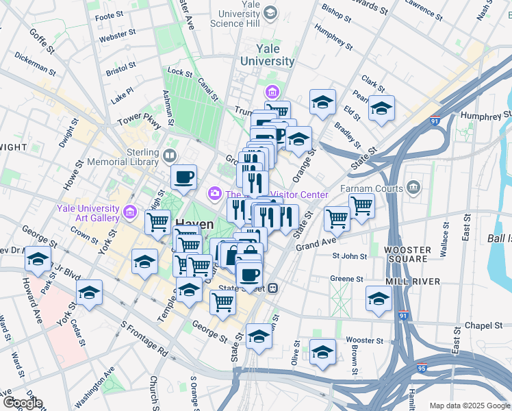 map of restaurants, bars, coffee shops, grocery stores, and more near 227 Church Street in New Haven