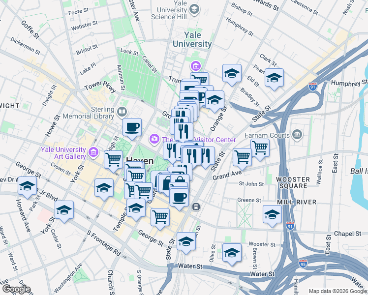 map of restaurants, bars, coffee shops, grocery stores, and more near 227 Church Street in New Haven