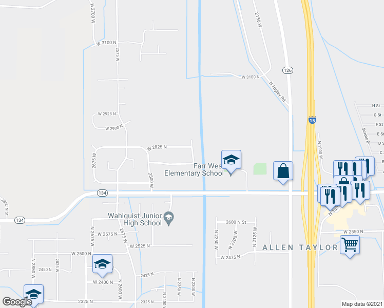 map of restaurants, bars, coffee shops, grocery stores, and more near North 2350 West in Farr West