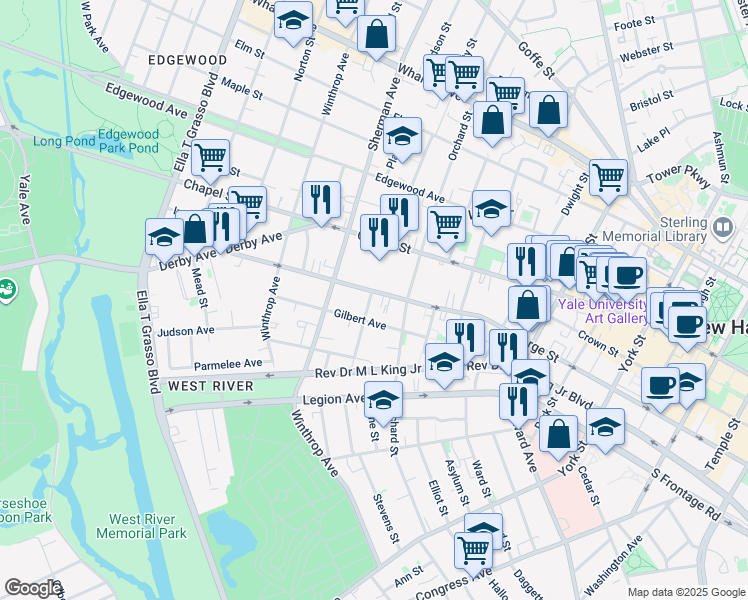 map of restaurants, bars, coffee shops, grocery stores, and more near 65 Gilbert Avenue in New Haven