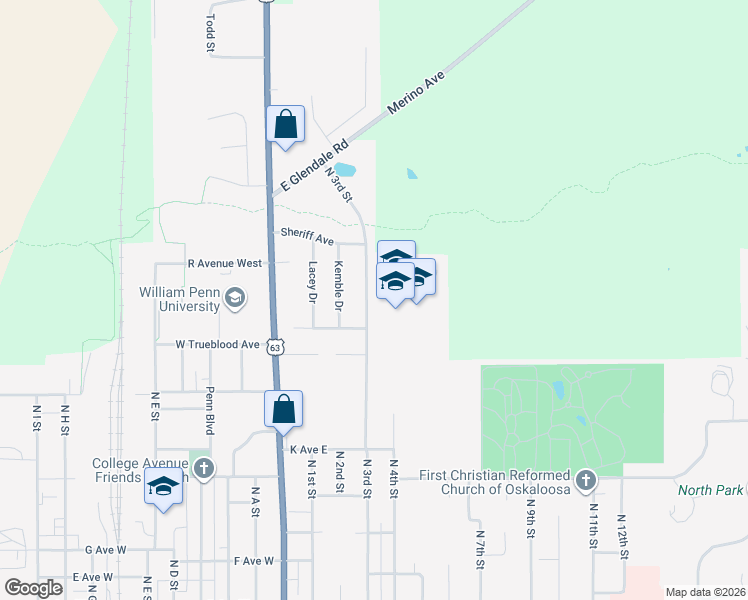 map of restaurants, bars, coffee shops, grocery stores, and more near 1800 North 3rd Street in Oskaloosa