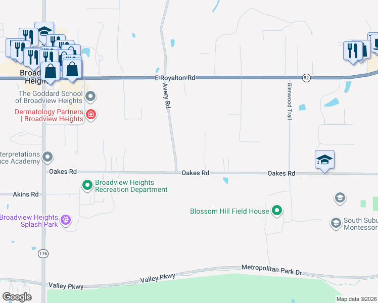 map of restaurants, bars, coffee shops, grocery stores, and more near 1951 Oakes Road in Broadview Heights