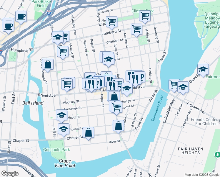 map of restaurants, bars, coffee shops, grocery stores, and more near 308 Ferry Street in New Haven