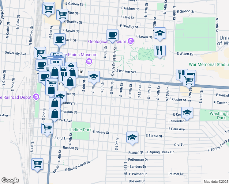 map of restaurants, bars, coffee shops, grocery stores, and more near 502 South 10th Street in Laramie