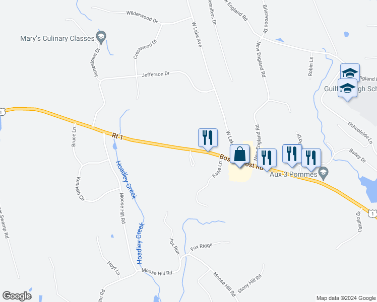 map of restaurants, bars, coffee shops, grocery stores, and more near 2558 Boston Post Road in Guilford