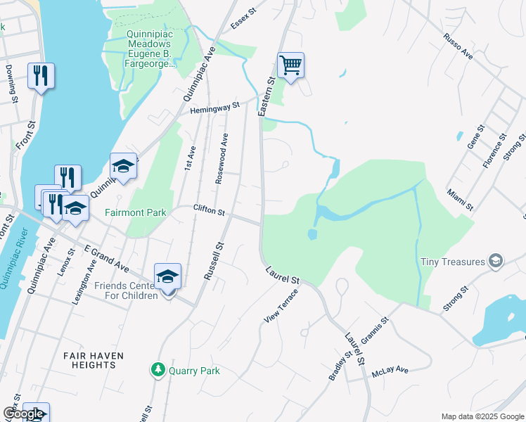 map of restaurants, bars, coffee shops, grocery stores, and more near 35 Eastern Street in New Haven