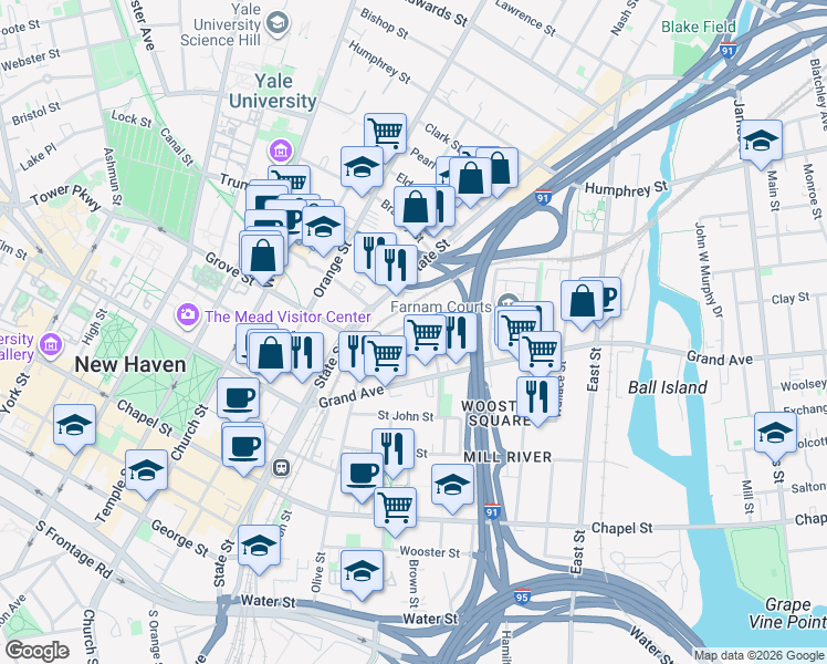 map of restaurants, bars, coffee shops, grocery stores, and more near 44 Lyon Street in New Haven
