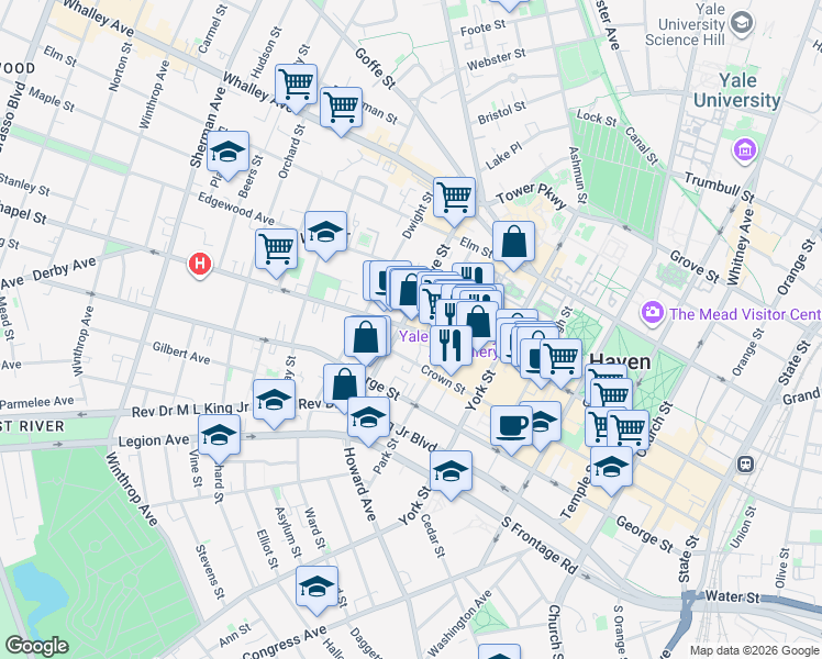 map of restaurants, bars, coffee shops, grocery stores, and more near 379 Crown Street in New Haven