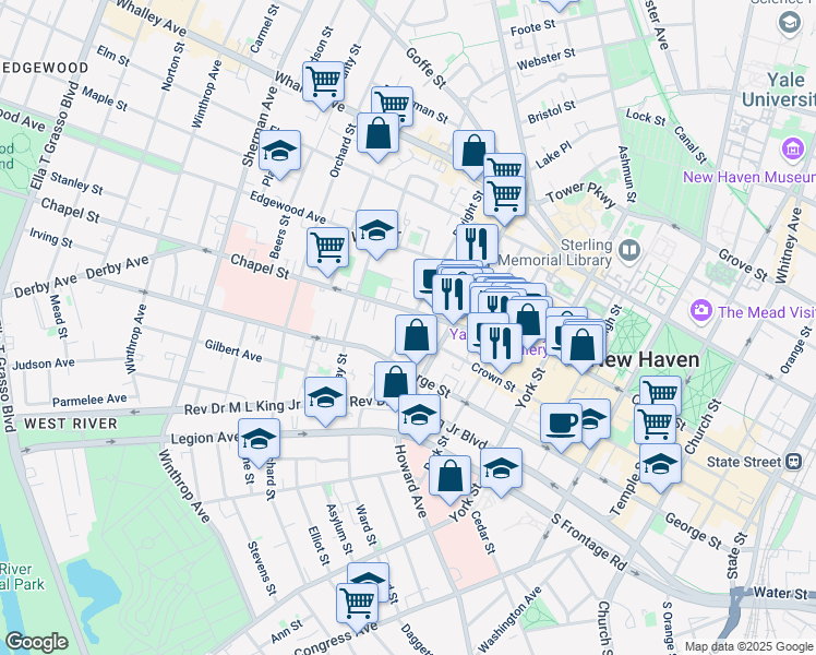 map of restaurants, bars, coffee shops, grocery stores, and more near 101 Dwight Street in New Haven