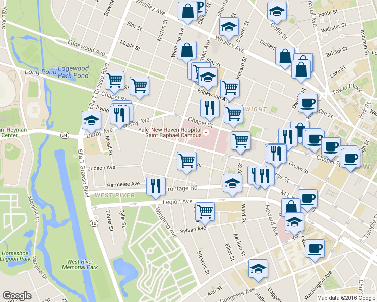 map of restaurants, bars, coffee shops, grocery stores, and more near 65 Gilbert Avenue in New Haven