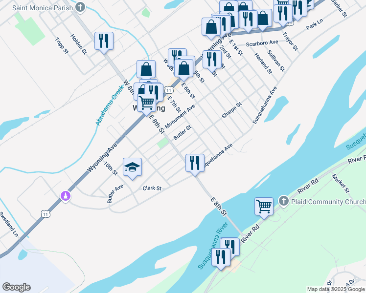 map of restaurants, bars, coffee shops, grocery stores, and more near 174-196 E 8th St in Wyoming