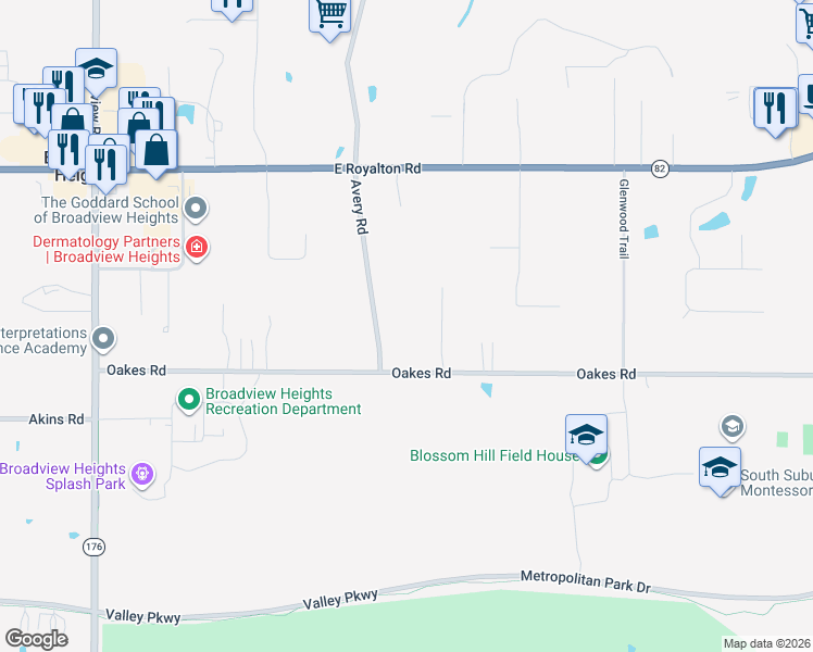 map of restaurants, bars, coffee shops, grocery stores, and more near 1951 Oakes Road in Broadview Heights