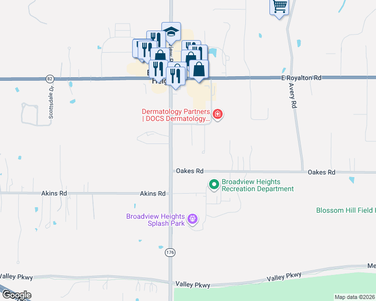 map of restaurants, bars, coffee shops, grocery stores, and more near 369 Oakes Road in Broadview Heights
