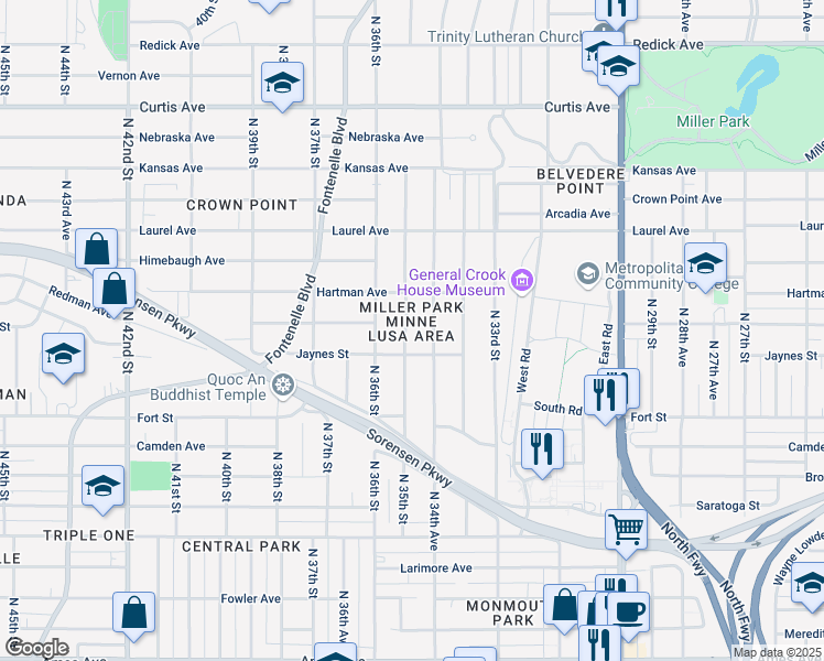 map of restaurants, bars, coffee shops, grocery stores, and more near 5356 North 34th Street in Omaha