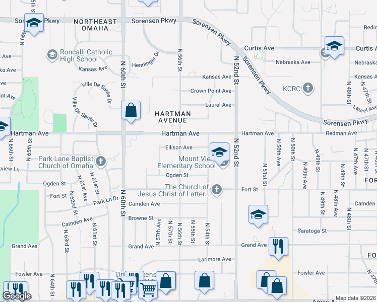 map of restaurants, bars, coffee shops, grocery stores, and more near 5425 Jaynes Street in Omaha