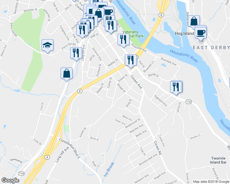 map of restaurants, bars, coffee shops, grocery stores, and more near 89 Kneen Street in Shelton