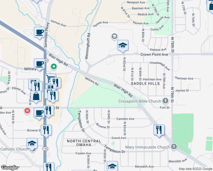 map of restaurants, bars, coffee shops, grocery stores, and more near 8308 Military Road in Omaha