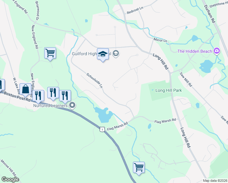 map of restaurants, bars, coffee shops, grocery stores, and more near 322 Schoolside Lane in Guilford