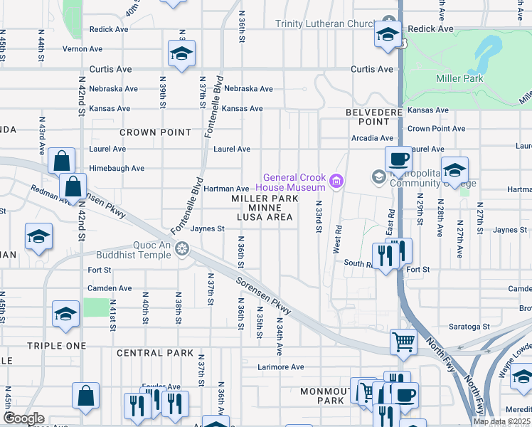 map of restaurants, bars, coffee shops, grocery stores, and more near 5356 North 34th Street in Omaha