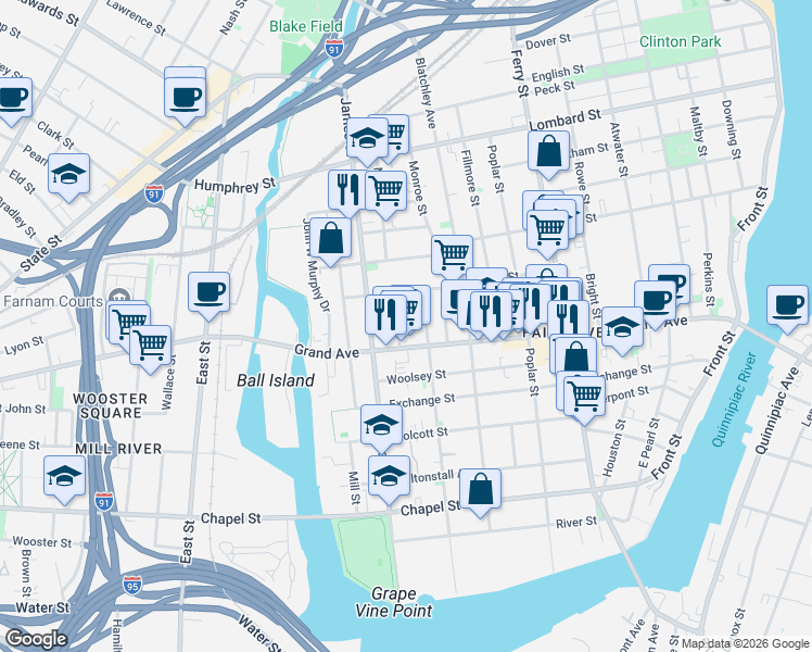 map of restaurants, bars, coffee shops, grocery stores, and more near in New Haven