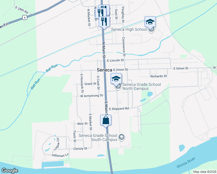 map of restaurants, bars, coffee shops, grocery stores, and more near 112 New Street in Seneca